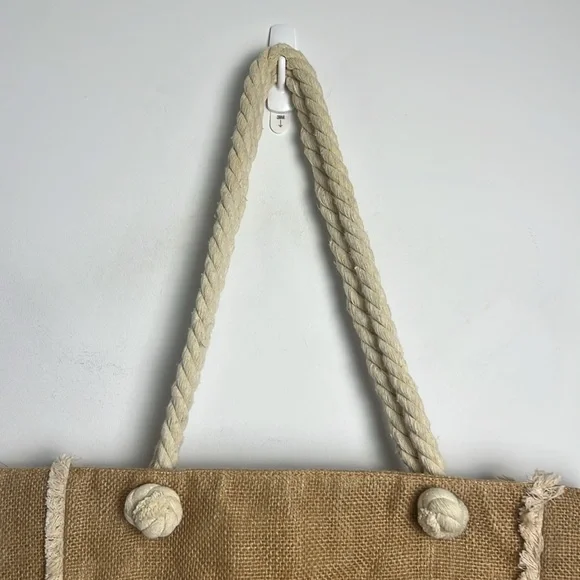 Linen Cotton Beachy Bohemian Anchor Rope Handle Large Beach Bag Market Tote - Picture 5 of 10